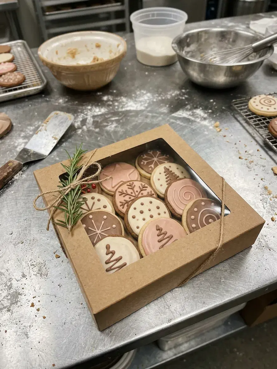 A phone photo of a kraft box of iced holiday cookies on a bakery counter