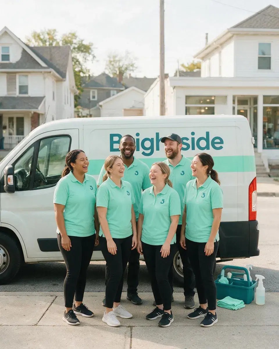 The Brightside cleaning team smiling beside a mint van
