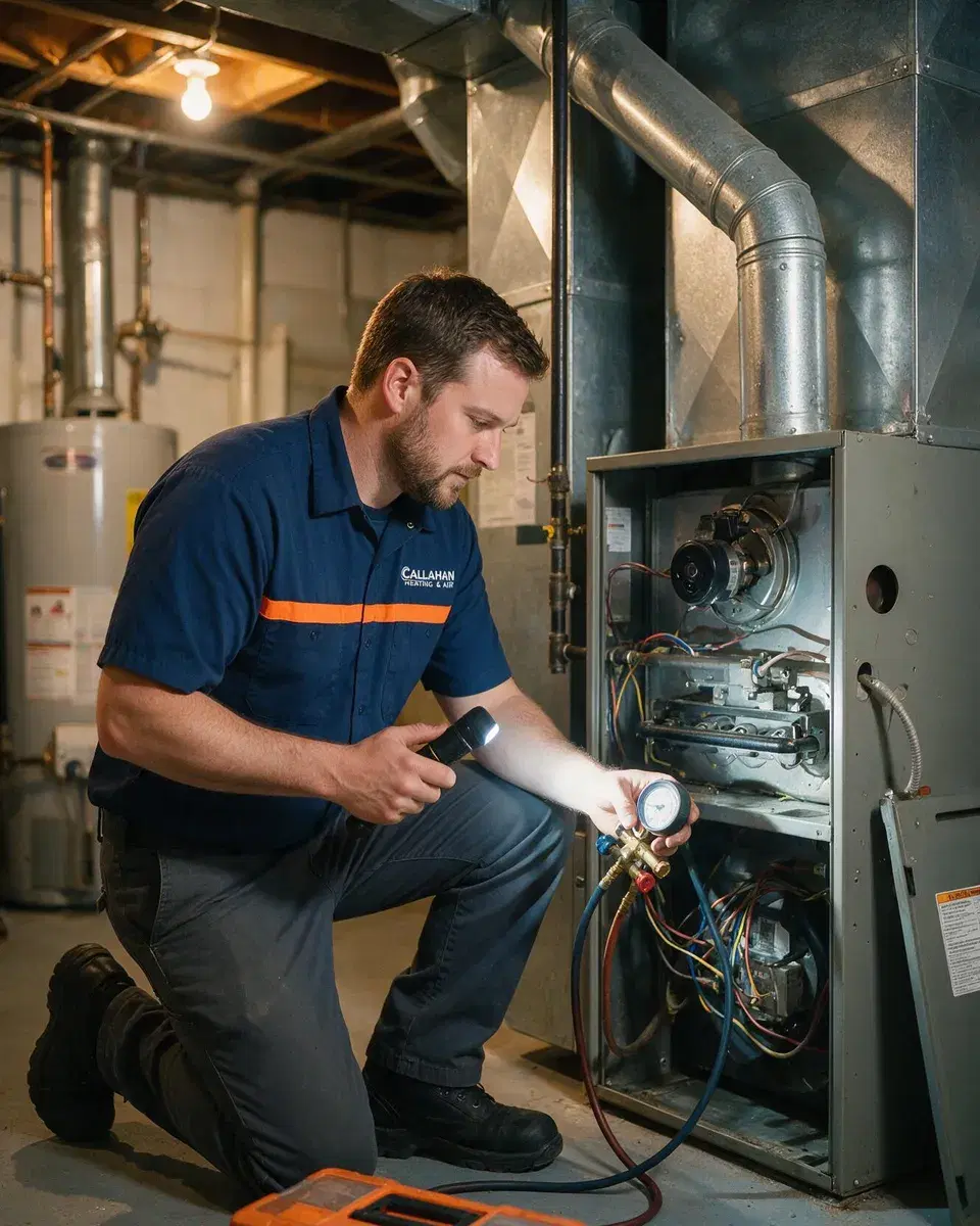 A Callahan technician checking a furnace in a clean basement