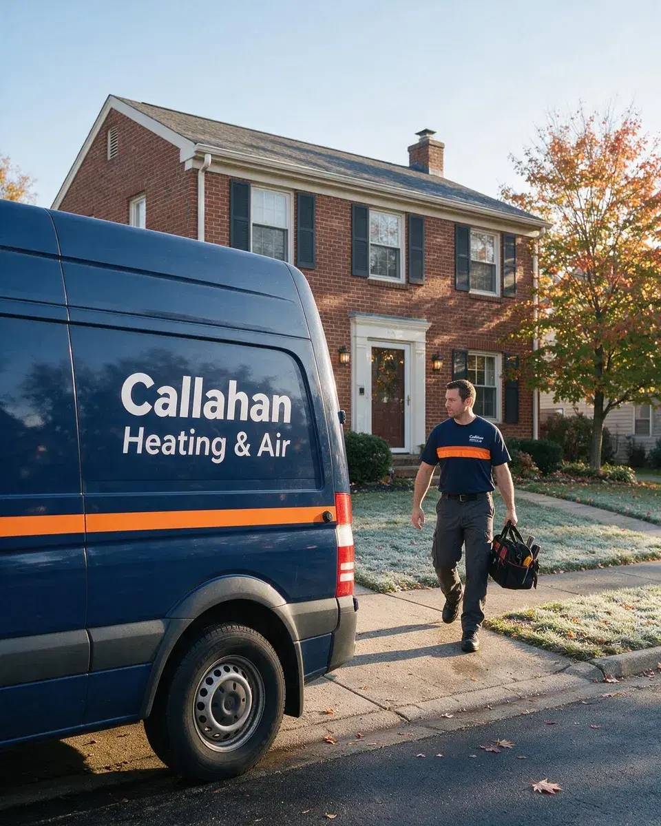 A Callahan van parked in front of a brick house on a crisp fall morning