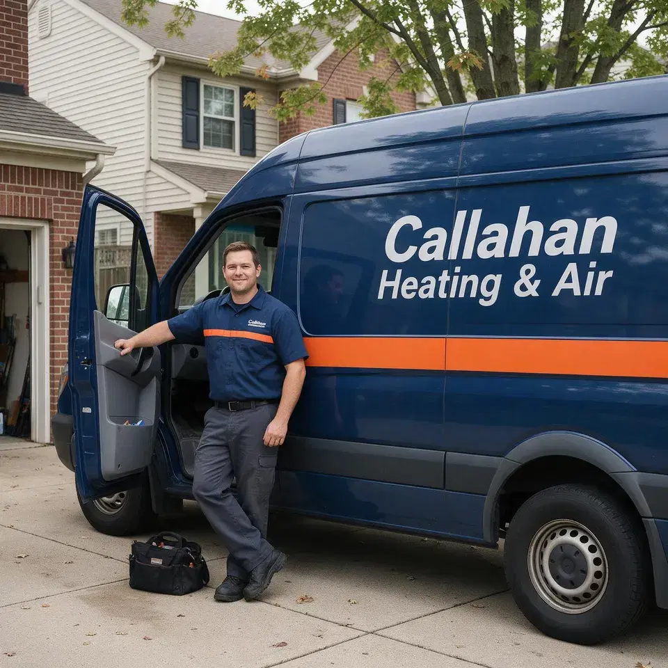 Dave, a Callahan technician, leaning on a service van