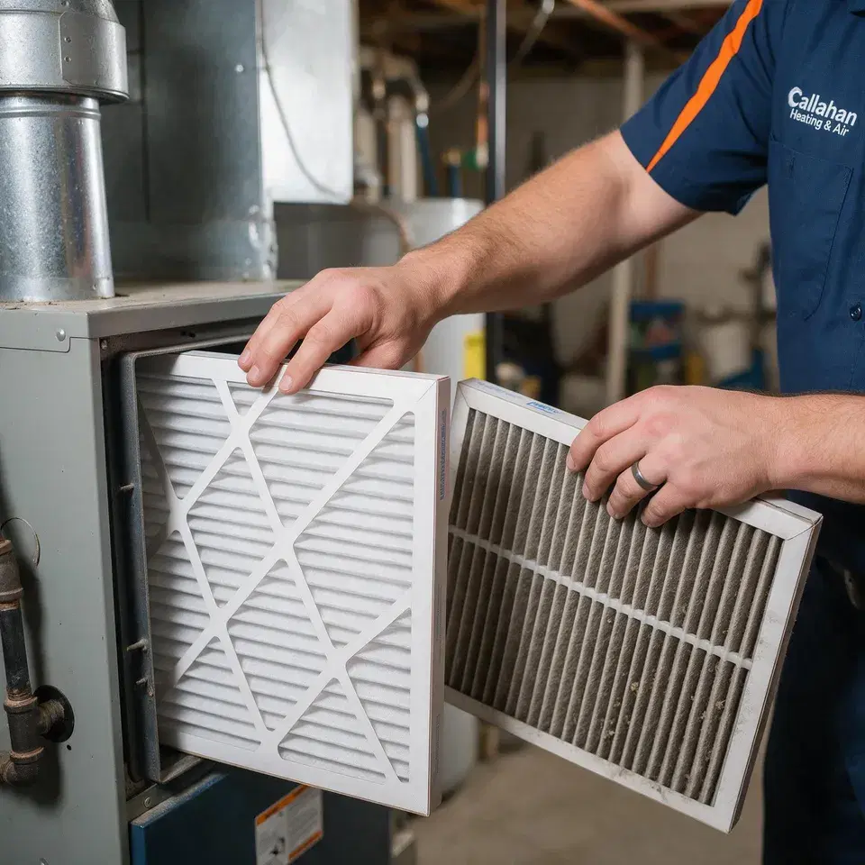A hand sliding a fresh furnace filter into a return vent