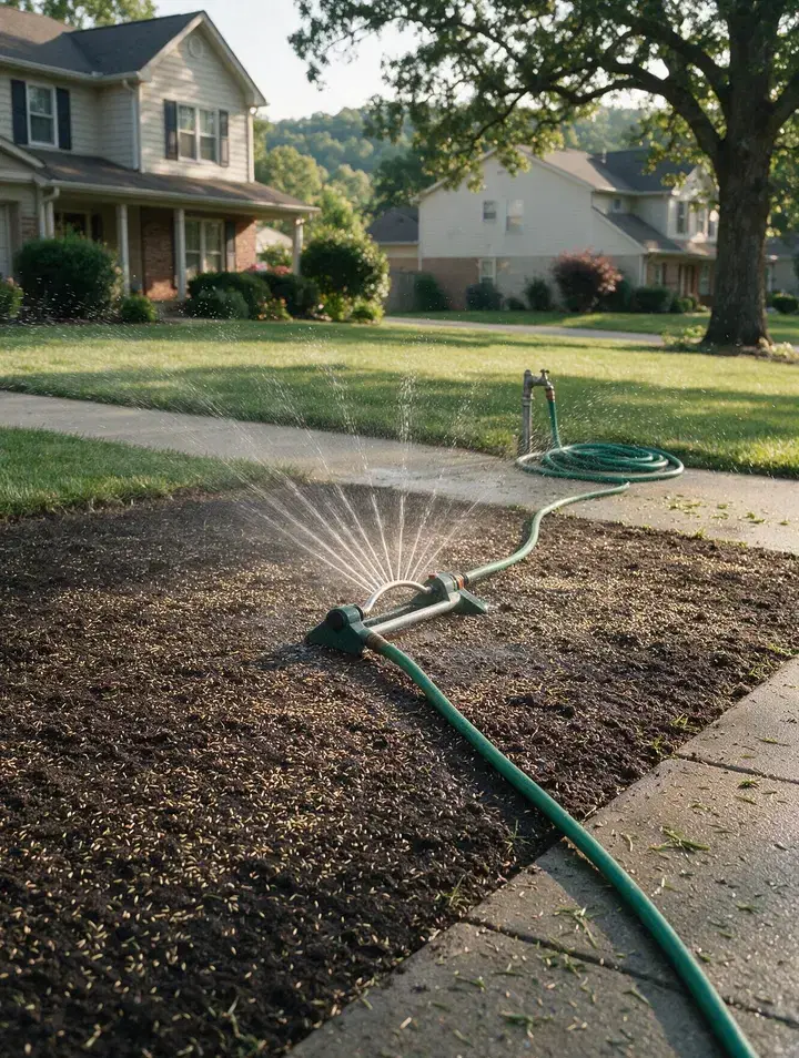 A sprinkler misting a freshly seeded patch of lawn