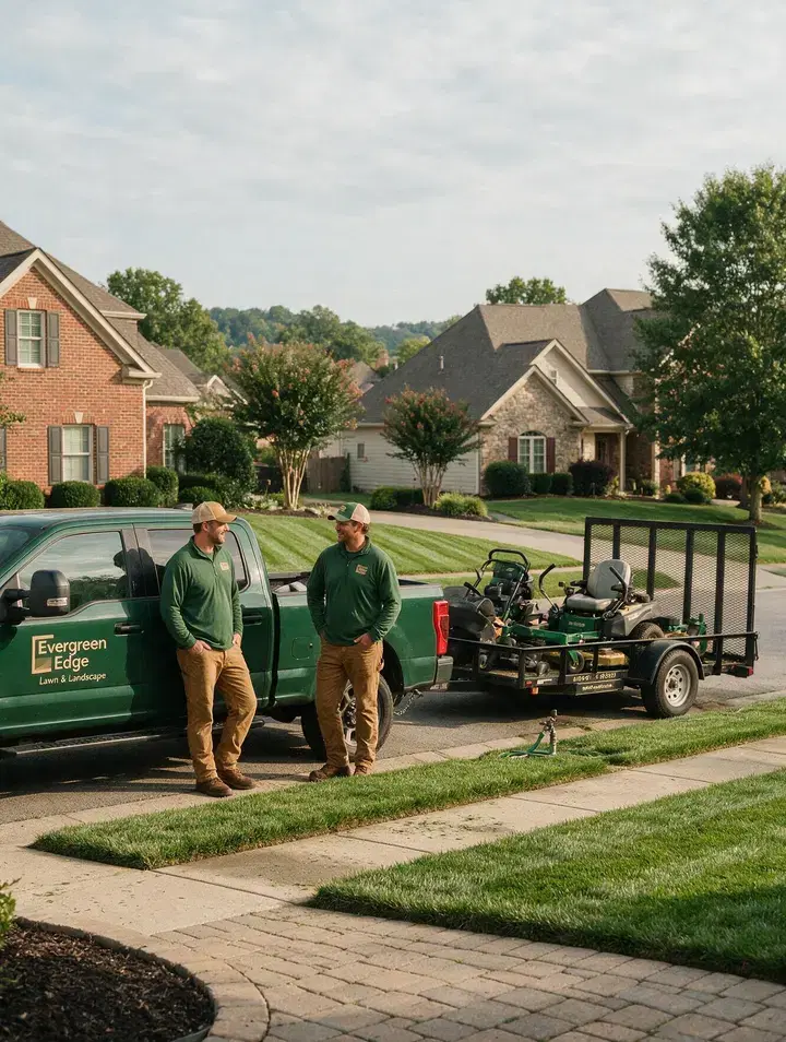 Matt talking with a crew lead beside a green pickup and mower trailer