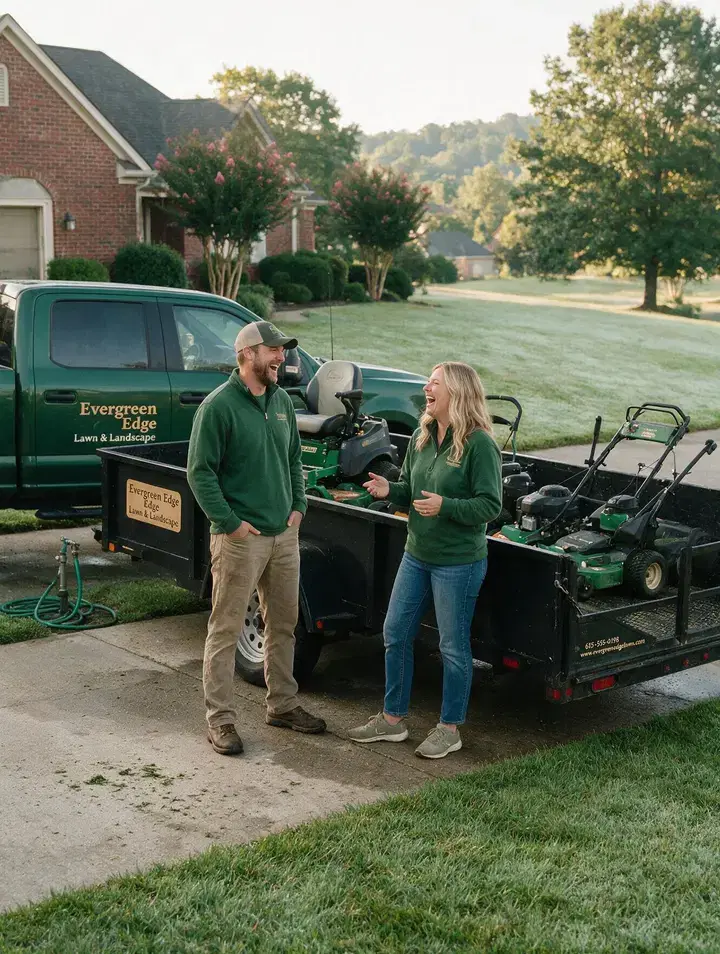 Matt and Jenna Holloway talking beside a trailer of mowers