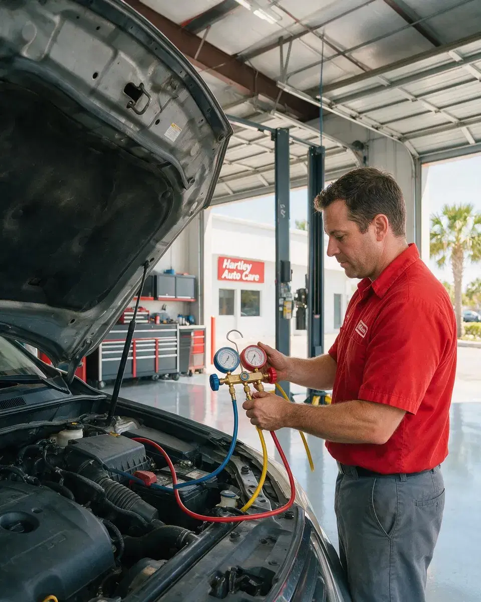 A technician testing a car's air conditioning with gauges