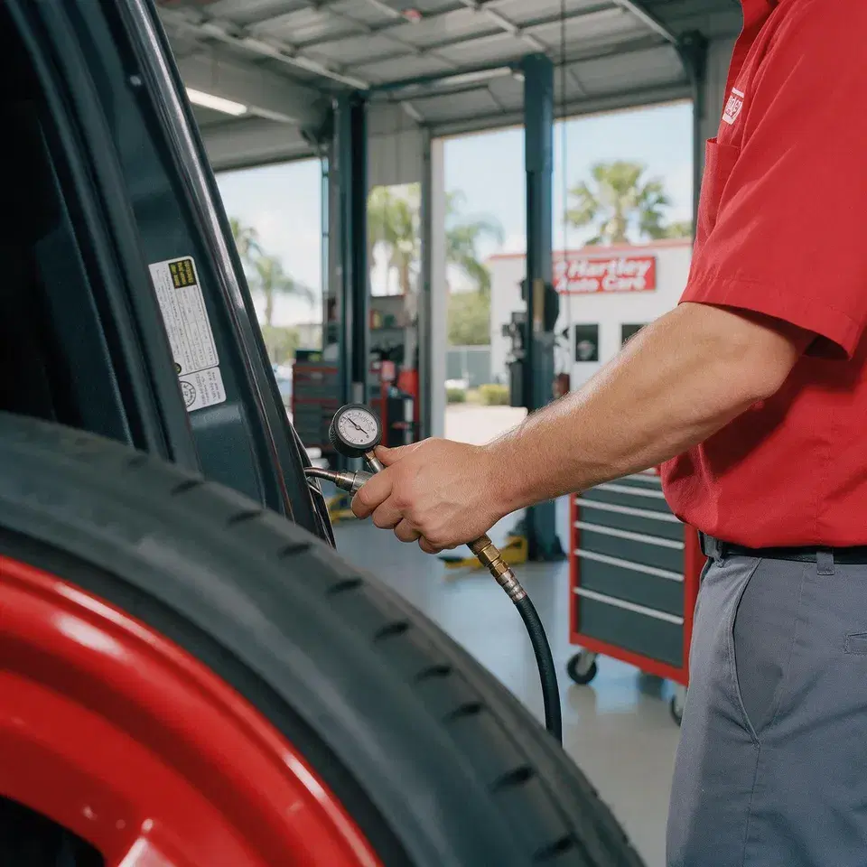 A hand holding a tire pressure gauge to a valve stem
