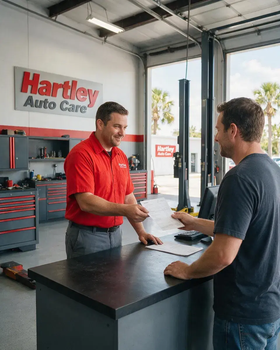 A service advisor handing a written estimate to a customer