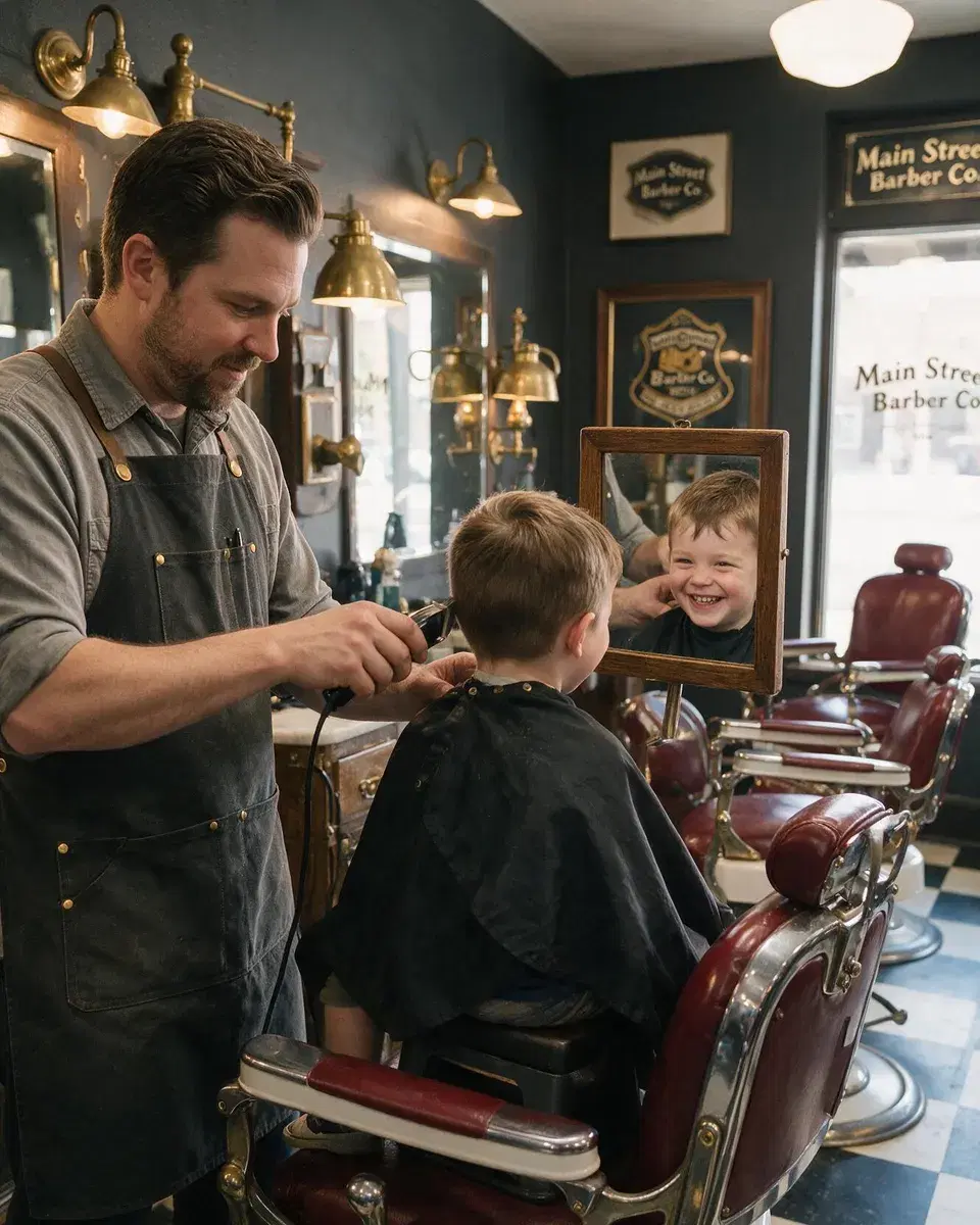 A barber giving a young boy a haircut
