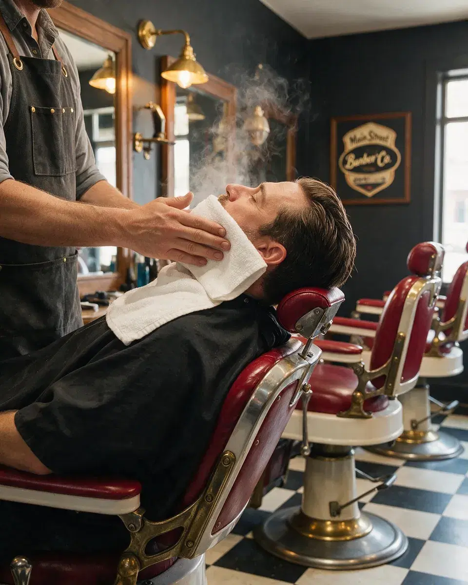 A hot towel being placed on a customer's face