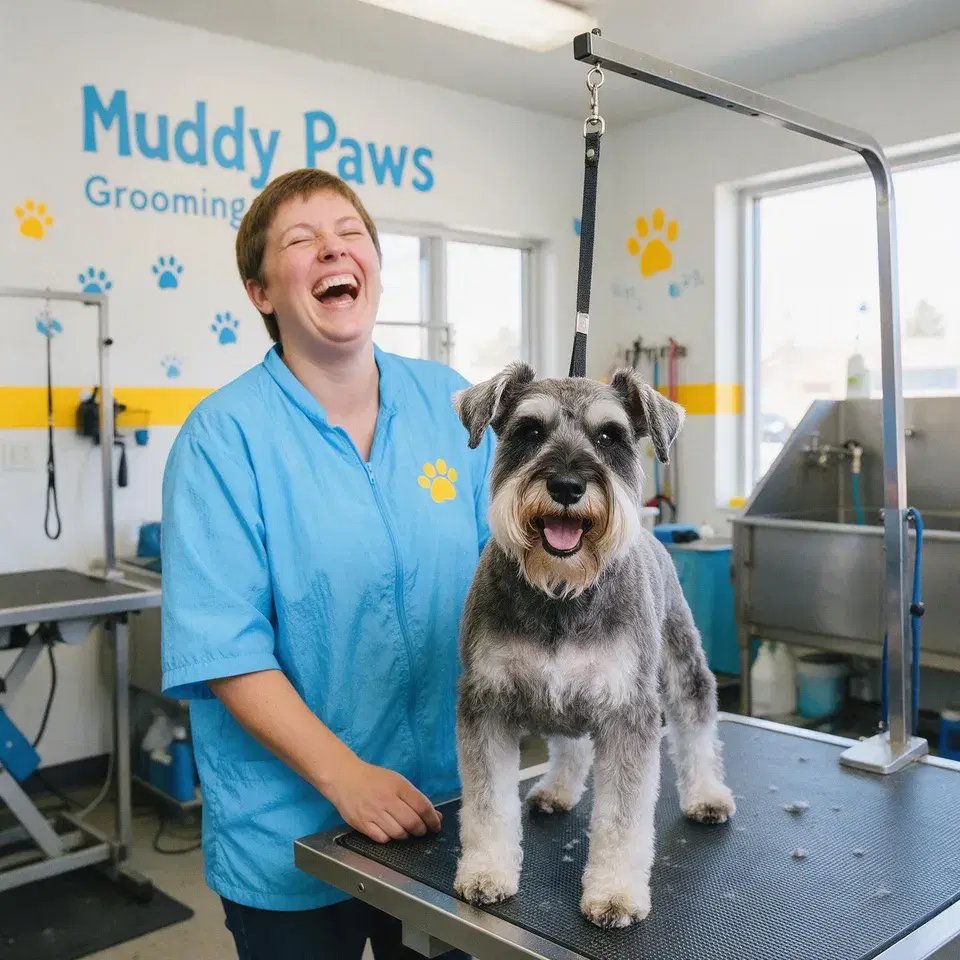 Jess, a groomer, laughing with a schnauzer on the table