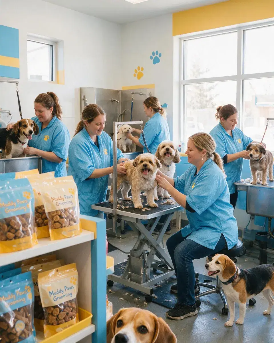 Bags of dog treats on a shelf with a happy dog looking up