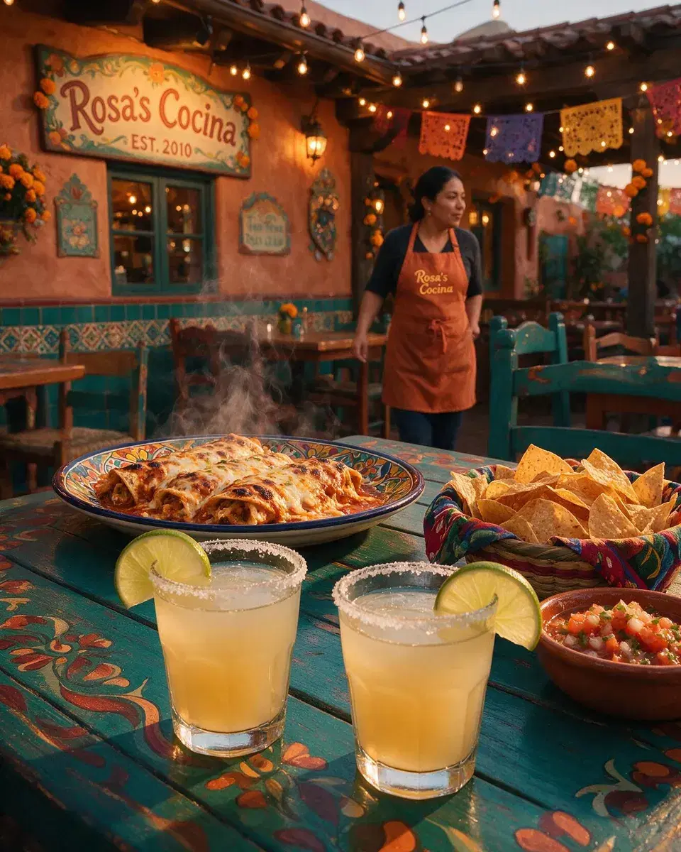 Two margaritas on a patio table with chips and salsa