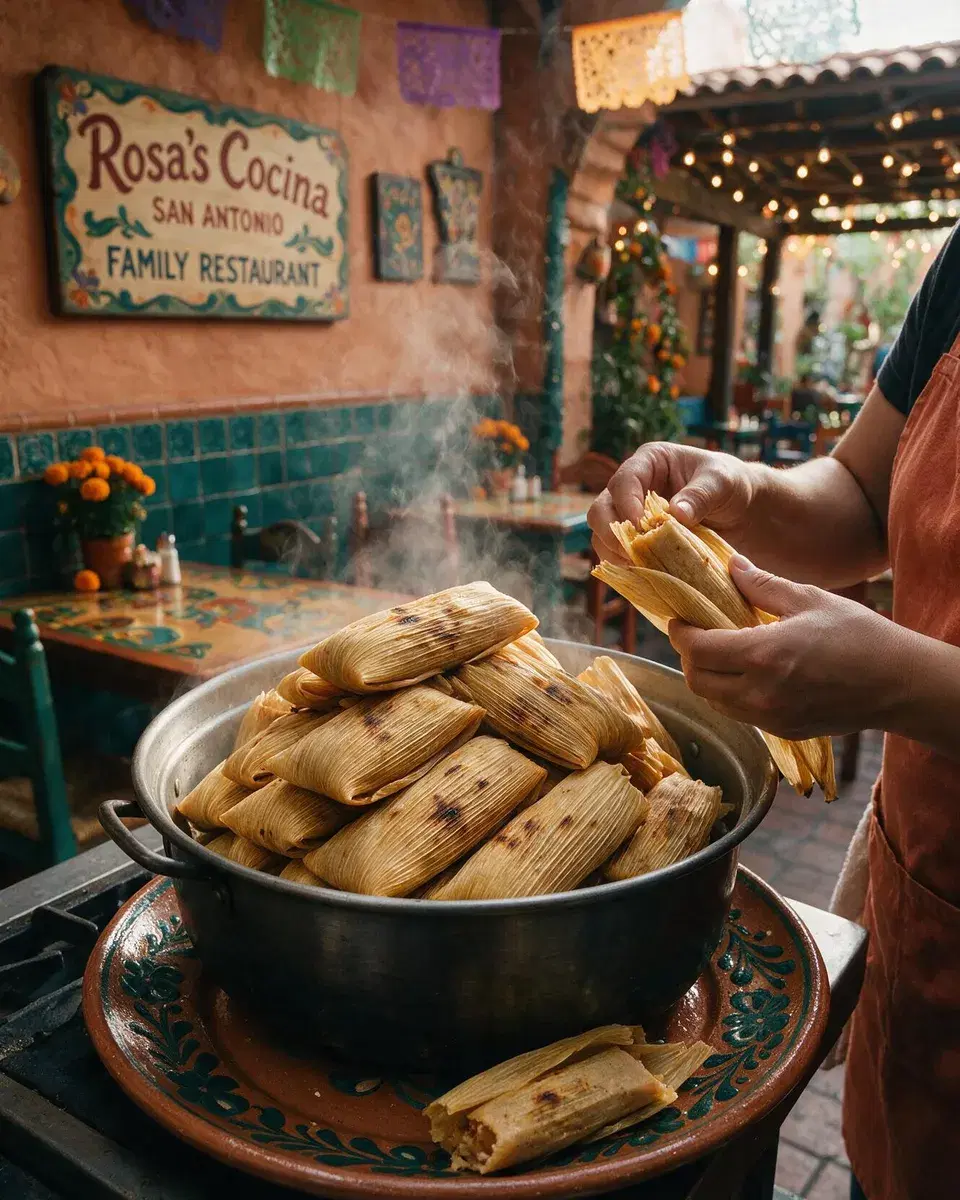 Steaming tamales in corn husks stacked in a pot