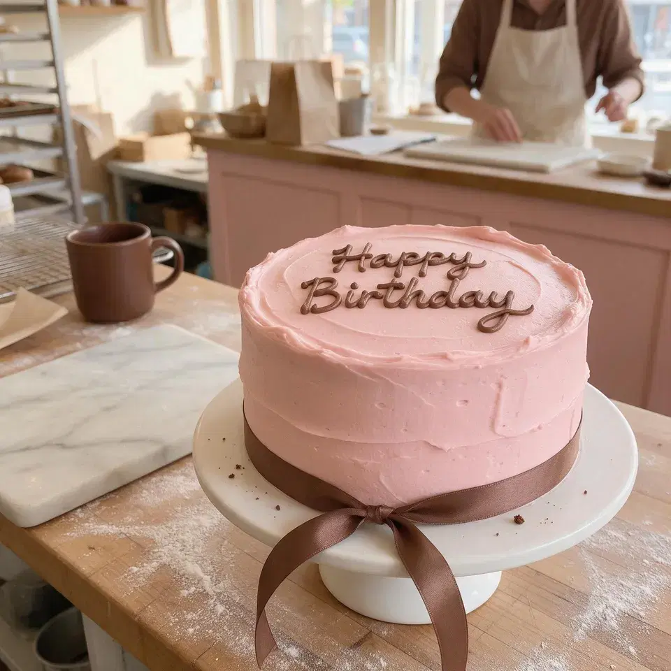 A blush-frosted layer cake on a cake stand