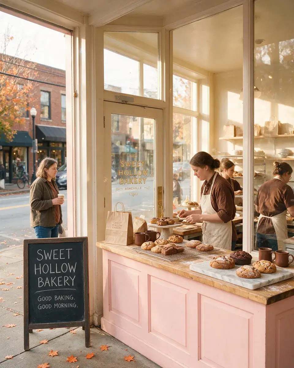 A bakery storefront with a chalkboard sign on an autumn morning
